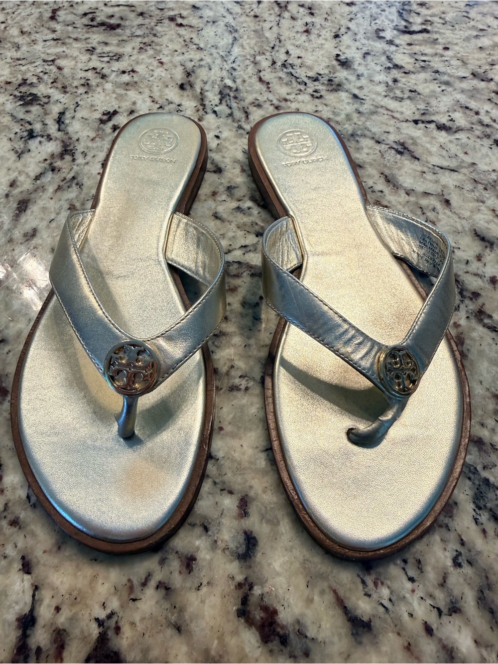 Tory Burch Metallic Silver Leather Thong Sandals